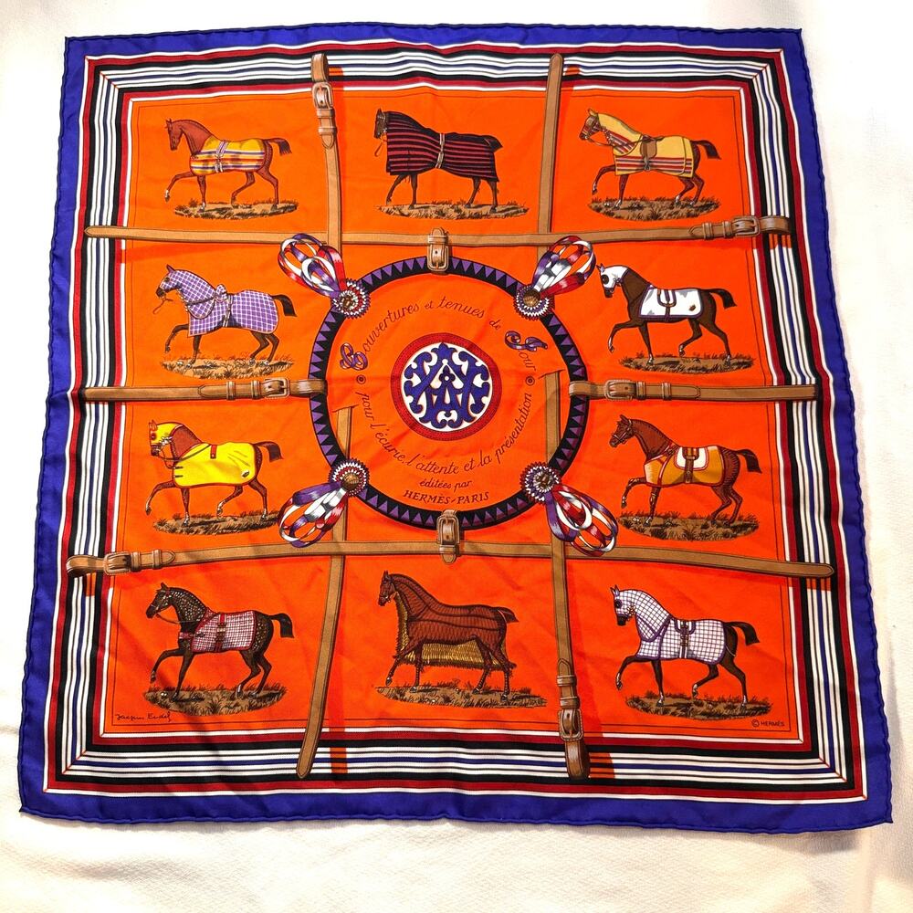 Vintage Hermes Paris 'Couvertures et Tenue de Jour' Hermes Silk Pocket Square
